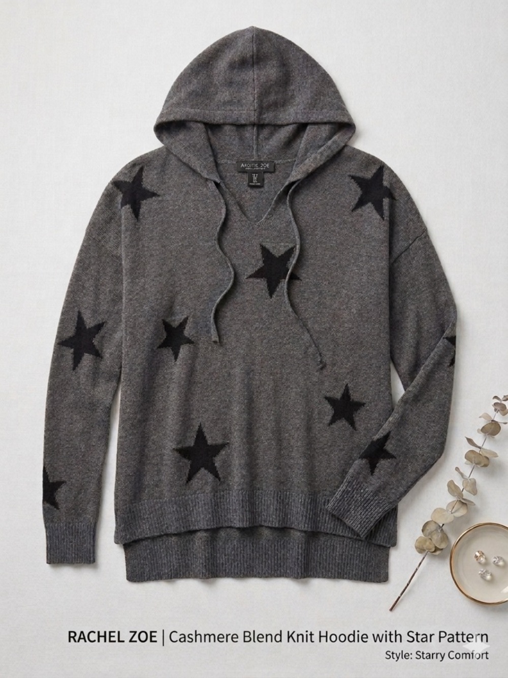 Rachel Zoe Cashmere Blend Star Print Hoodie Sweater High Low Small